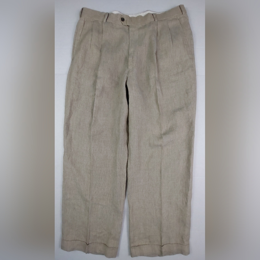 Paul Fredrick Dress Pants Mens Size 38x29 Beige Tan 100% Linen Pleated Cuffed